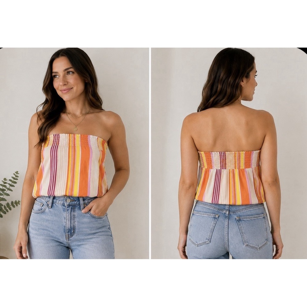 NWT 1.State Blouse Top Womens M Multicolor Striped Strapless Smocked Lined